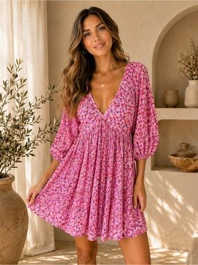 Zara Pink Floral Pleated Open Back Puff Sleeve Mini Dress Size S